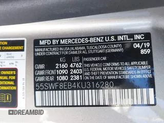 2019 Mercedes-Benz C 300 with VIN 55SWF8EB4KU316280, listed as a IAAI auction lot 41614204 with 36,804 mi miles and . Bid and sale history available at carsss.com. Image 9.