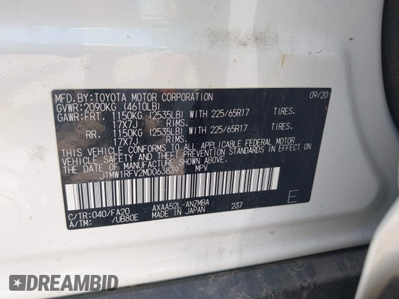 2021 Toyota RAV4 XLE with VIN JTMW1RFV2MD063839, listed as a IAAI auction lot 42406891 with 69,490 mi miles and . Bid and sale history available at DreamBid. Image 9.