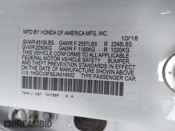 2018 Honda Accord Touring with VIN 1HGCV3F92JA016932, listed as a IAAI auction lot 41765295 with 68,879 mi miles and . Bid and sale history available at DreamBid. Image 9.