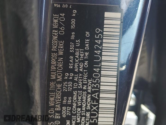 2004 BMW X5 3.0i with VIN 5UXFA13504LU42459, listed as a Copart auction lot 43819964 with 171,722 mi miles and Salvage Title. Bid and sale history available at carsss.com. Image 13.