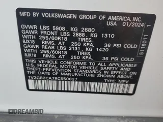 2024 Volkswagen Atlas Peak Edition SEL with VIN 1V2GR2CA7RC550827, listed as a Copart auction lot 55834155 with 1,608 mi miles and Salvage title. Bid and sale history available at DreamBid. Image 13.