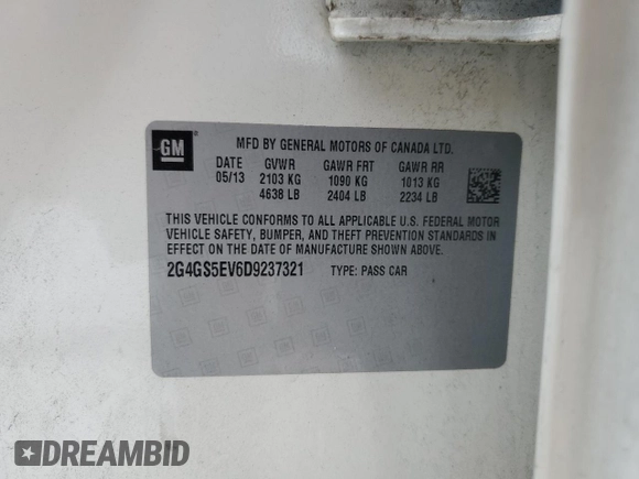 2013 Buick Regal Turbo Premium 1 with VIN 2G4GS5EV6D9237321, listed as a Copart auction lot 72855164 with 151,179 mi miles and Salvage Title. Bid and sale history available at DreamBid. Image 14.