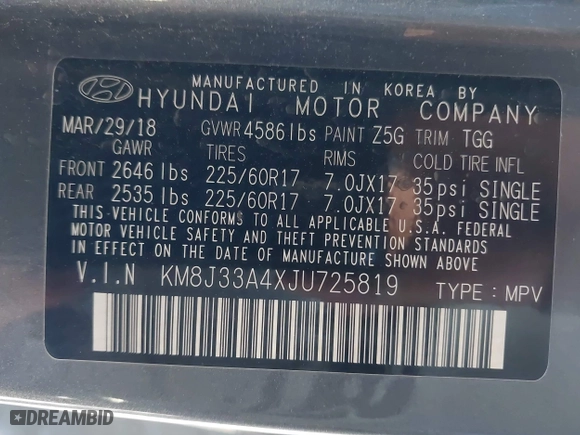 2018 Hyundai Tucson SEL with VIN KM8J33A4XJU725819, listed as a IAAI auction lot 42025469 with 119,866 mi miles. Bid and sale history available at carsss.com. Image 9.