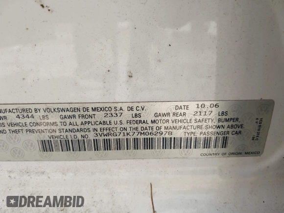 2007 Volkswagen Jetta 2.5 z VIN 3VWRG71K77M062978, wystawiony jako IAAI lot #42415517 z przebiegiem 168 159 mil mil oraz . Historia ofert i sprzedaży dostępna na DreamBid. Obrazek 9.