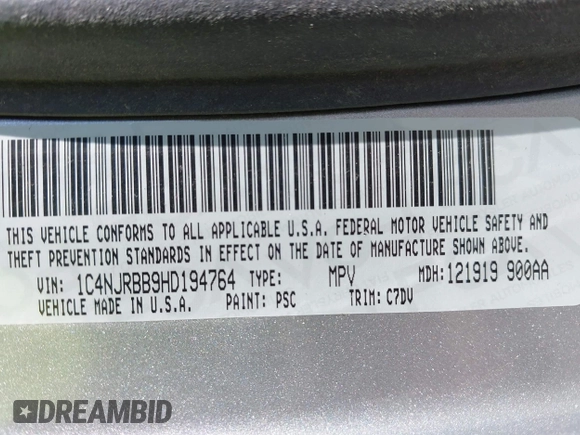 2017 Jeep Patriot Sport with VIN 1C4NJRBB9HD194764, listed as a IAAI auction lot 42771504 with 143,404 mi miles and . Bid and sale history available at DreamBid. Image 9.