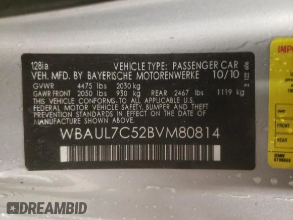 2011 BMW 1 Series 128i with VIN WBAUL7C52BVM80814, listed as a Copart auction lot 45150975 with 186,716 mi miles and Salvage title. Bid and sale history available at DreamBid. Image 12.