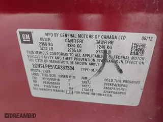 2012 Chevrolet Equinox LT w/2LT with VIN 2GNFLPE51C6387384, listed as a IAAI auction lot 41712219 with 155,753 mi miles. Bid and sale history available at carsss.com. Image 9.