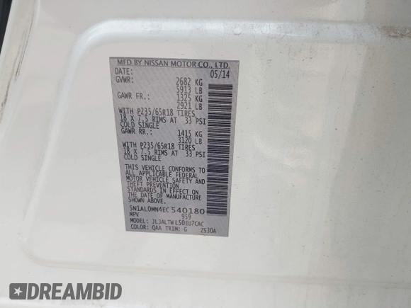 2014 Infiniti QX60 with VIN 5N1AL0MN4EC540180, listed as a IAAI auction lot 42093987 with 141,601 mi miles and . Bid and sale history available at DreamBid. Image 9.