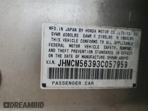 2003 Honda Accord LX with VIN JHMCM56393C057959, listed as a Copart auction lot 63533025 with 96,232 mi miles and Salvage title. Bid and sale history available at DreamBid. Image 12.