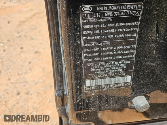 2014 Land Rover LR4 Lux with VIN SALAK2V67EA716248, listed as a Copart auction lot 52829435 with 82,111 mi miles and Clean title. Bid and sale history available at DreamBid. Image 10.