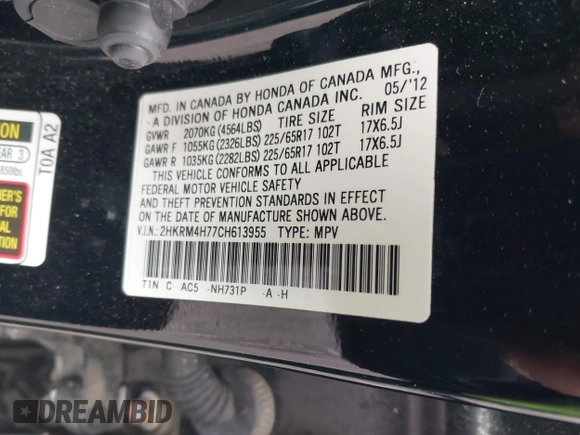 2012 Honda CR-V EX-L with VIN 2HKRM4H77CH613955, listed as a IAAI auction lot 42459221 with 158,917 mi miles and . Bid and sale history available at DreamBid. Image 9.