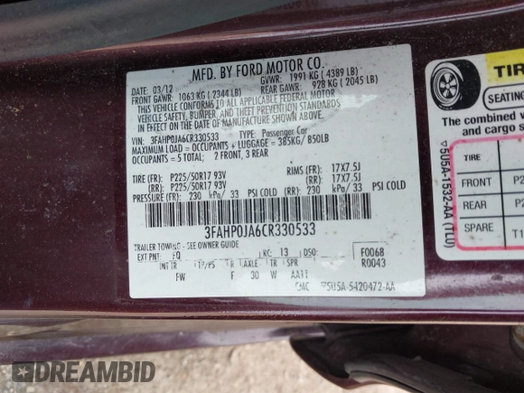 2012 Ford Fusion SEL with VIN 3FAHP0JA6CR330533, listed as a IAAI auction lot 41977691 with 119,601 mi miles and . Bid and sale history available at carsss.com. Image 9.