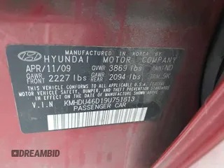 2009 Hyundai Elantra SE with VIN KMHDU46D19U751813, listed as a IAAI auction lot 42161925 with 158,288 mi miles and . Bid and sale history available at DreamBid. Image 9.