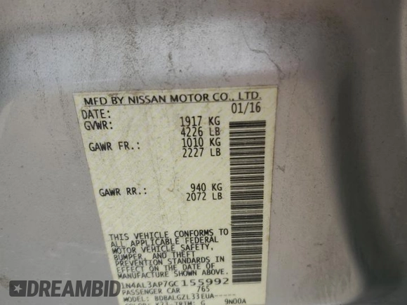 2016 Nissan Altima S with VIN 1N4AL3AP7GC155992, listed as a Copart auction lot 62929275 with 184,231 mi miles and Salvage title. Bid and sale history available at DreamBid. Image 12.