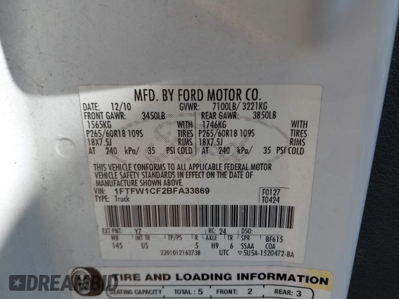 2011 Ford F-150 XL with VIN 1FTFW1CF2BFA33869, listed as a IAAI auction lot 41379675 with 229,281 mi miles and . Bid and sale history available at DreamBid. Image 9.