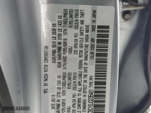 2018 Mazda CX-9 Touring with VIN JM3TCBCY6J0235481, listed as a Copart auction lot 46032565 with 0 mi miles and Salvage Title. Bid and sale history available at carsss.com. Image 15.