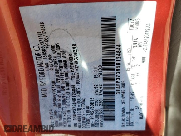 2004 Ford Focus ZX5 z VIN 3FAFP37384R124844, wystawiony jako Copart lot #69492924 z przebiegiem 155 129 mil mil oraz Szkoda całkowita • Salvage title. Historia ofert i sprzedaży dostępna na DreamBid. Obrazek 12.