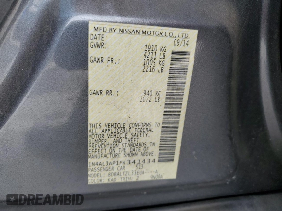 2015 Nissan Altima SL with VIN 1N4AL3AP1FN341434, listed as a Copart auction lot 54692185 with 150,461 mi miles and Salvage Title. Bid and sale history available at DreamBid. Image 12.