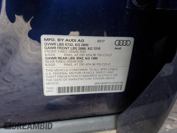 2018 Audi SQ5 Premium Plus with VIN WA1A4AFY5J2009188, listed as a Copart auction lot 43081744 with 92,446 mi miles and . Bid and sale history available at DreamBid. Image 12.
