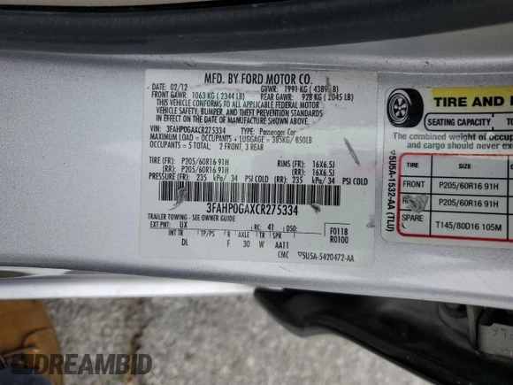 2012 Ford Fusion S with VIN 3FAHP0GAXCR275334, listed as a Copart auction lot 54075595 with 127,863 mi miles and Salvage Title. Bid and sale history available at carsss.com. Image 12.