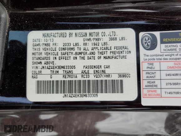 2014 Nissan 370Z Nismo with VIN JN1AZ4EH3EM633305, listed as a Copart auction lot 42846795 with 45,430 mi miles and Salvage Title. Bid and sale history available at DreamBid. Image 12.