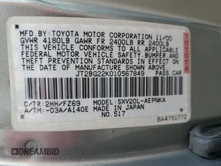 2001 Toyota Camry CE with VIN JT2BG22K010567849, listed as a Copart auction lot 50776555 with 114,514 mi miles and Salvage Title. Bid and sale history available at carsss.com. Image 12.