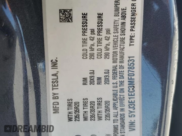 2021 Tesla Model 3 Performance with VIN 5YJ3E1EC3MF078531, listed as a Copart auction lot 55270715 with 42,363 mi miles and Non Repairable. Bid and sale history available at DreamBid. Image 12.