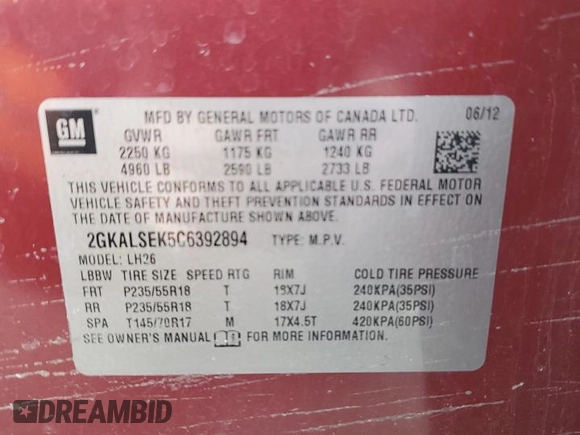 2012 GMC Terrain SLE-2 with VIN 2GKALSEK5C6392894, listed as a Copart auction lot 46086875 with 81,524 mi miles and Salvage Title. Bid and sale history available at carsss.com. Image 15.
