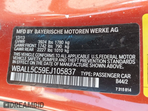 2014 BMW Z4 sDrive28i with VIN WBALL5C59EJ105837, listed as a IAAI auction lot 42466707 with 65,847 mi miles and . Bid and sale history available at DreamBid. Image 9.