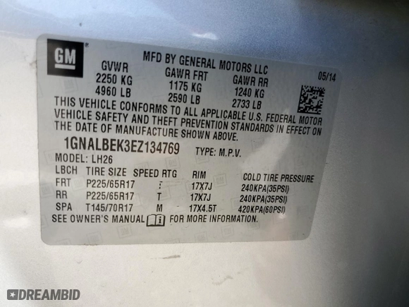 2014 Chevrolet Equinox LT with VIN 1GNALBEK3EZ134769, listed as a Copart auction lot 49268455 with 131,668 mi miles and Salvage Title. Bid and sale history available at carsss.com. Image 15.