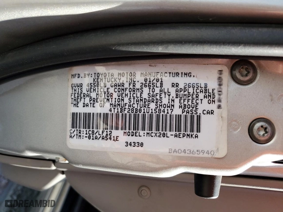2001 Toyota Avalon XL w/Bucket Seats with VIN 4T1BF28B01U158417, listed as a Copart auction lot 51114455 with 188,314 mi miles and Salvage Title. Bid and sale history available at carsss.com. Image 12.