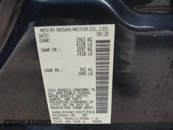 2019 Nissan Altima Platinum with VIN 1N4BL4FV4KC107201, listed as a IAAI auction lot 41483963 with 105,403 mi miles and . Bid and sale history available at carsss.com. Image 9.