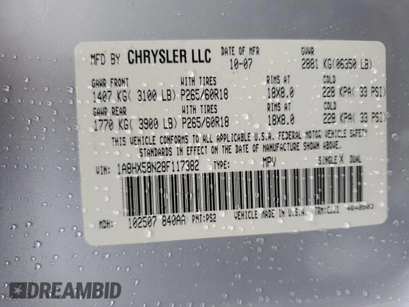 2008 Chrysler Aspen Limited z VIN 1A8HX58N28F117382, wystawiony jako Copart lot #47127695 z przebiegiem 190 599 mil mil oraz Szkoda całkowita • Salvage title. Historia ofert i sprzedaży dostępna na DreamBid. Obrazek 13.