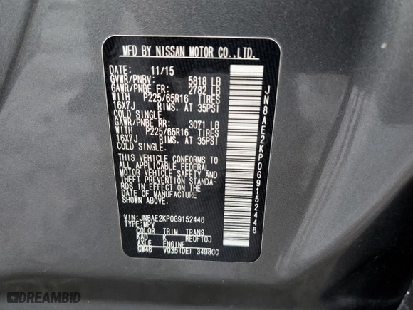 2016 Nissan Quest SV with VIN JN8AE2KP0G9152446, listed as a Copart auction lot 63547363 with 134,059 mi miles. Bid and sale history available at carsss.com. Image 13.