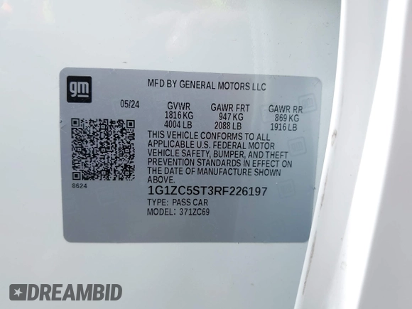 2024 Chevrolet Malibu LS with VIN 1G1ZC5ST3RF226197, listed as a IAAI auction lot 42155653 with 4,105 mi miles and . Bid and sale history available at DreamBid. Image 9.