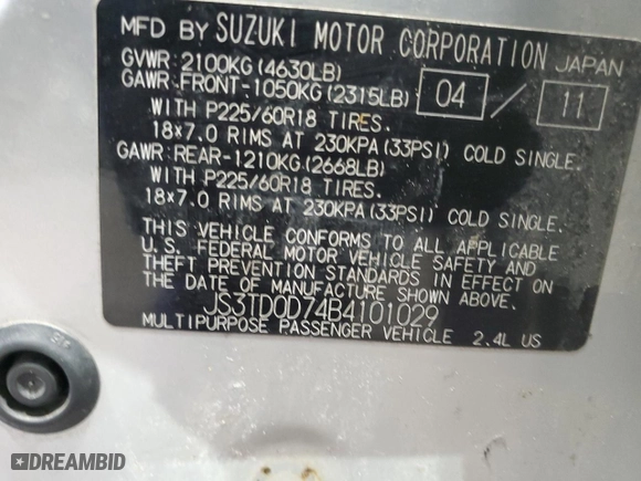 2011 Suzuki Grand Vitara Limited with VIN JS3TD0D74B4101029, listed as a Copart auction lot 88493455 with 123,118 mi miles and Salvage Title. Bid and sale history available at carsss.com. Image 13.