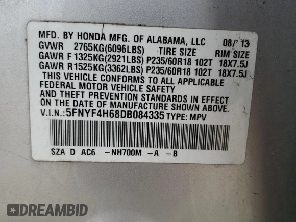 2013 Honda Pilot EX-L with VIN 5FNYF4H68DB084335, listed as a Copart auction lot 45431444 with 175,808 mi miles and Salvage Title. Bid and sale history available at carsss.com. Image 13.