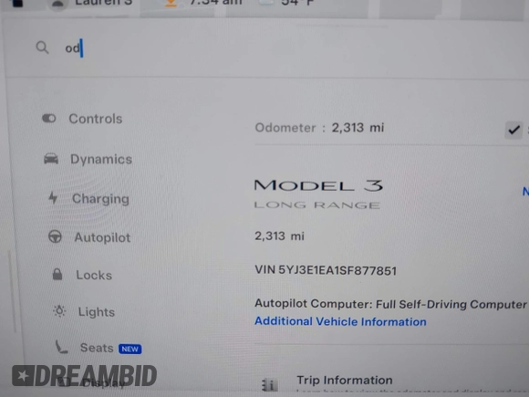 2025 Tesla Model 3 Long Range with VIN 5YJ3E1EA1SF877851, listed as a IAAI auction lot 41917772 with 2,313 mi miles and . Bid and sale history available at carsss.com. Image 14.