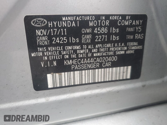 2012 Hyundai Sonata Hybrid with VIN KMHEC4A44CA020400, listed as a Copart auction lot 52800445 with 89,972 mi miles and Salvage Title. Bid and sale history available at DreamBid. Image 12.