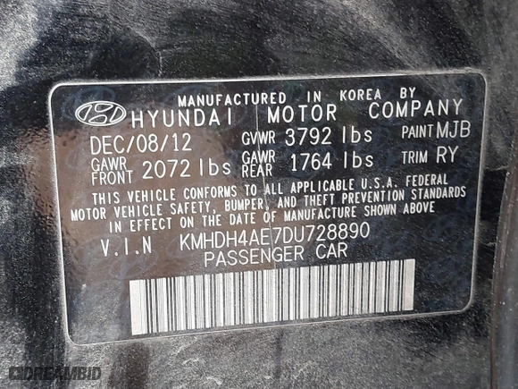 2013 Hyundai Elantra GLS PZEV with VIN KMHDH4AE7DU728890, listed as a IAAI auction lot 40365489 with 230,693 mi miles. Bid and sale history available at carsss.com. Image 9.