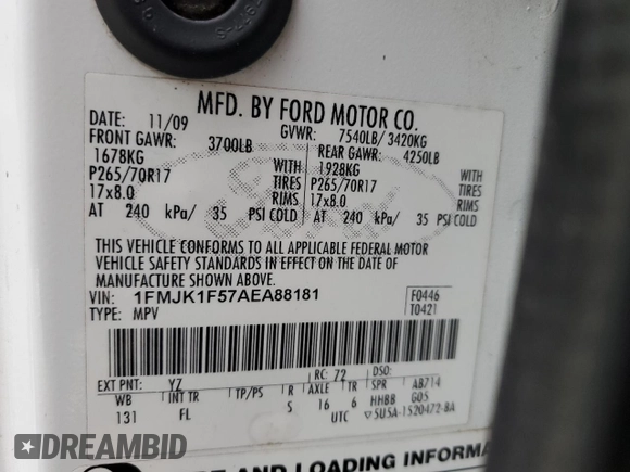 2010 Ford Expedition EL SSV with VIN 1FMJK1F57AEA88181, listed as a Copart auction lot 89311385 with 296,755 mi miles and Salvage Title. Bid and sale history available at carsss.com. Image 13.