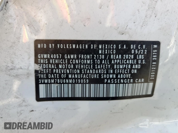 2022 Volkswagen Jetta Sport with VIN 3VWBM7BU6NM019059, listed as a Copart auction lot 56427015 with 17,422 mi miles and Clean title. Bid and sale history available at DreamBid. Image 12.