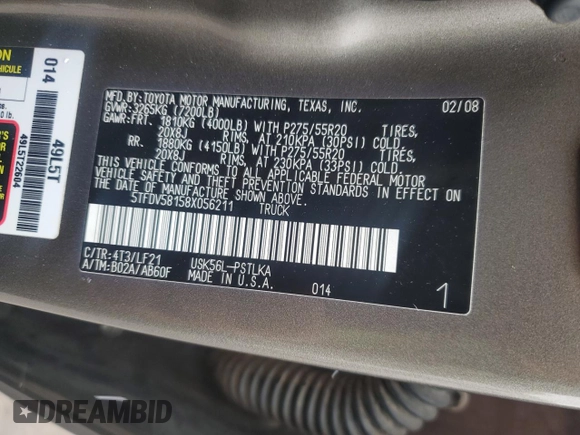 2008 Toyota Tundra Limited with VIN 5TFDV58158X056211, listed as a Copart auction lot 51940865 with 198,126 mi miles and Salvage title. Bid and sale history available at DreamBid. Image 12.