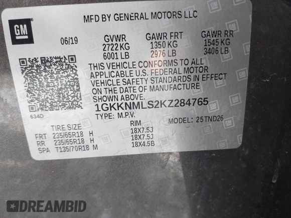 2019 GMC Acadia SLT with VIN 1GKKNMLS2KZ284765, listed as a IAAI auction lot 42593279 with 33,120 mi miles and . Bid and sale history available at DreamBid. Image 9.