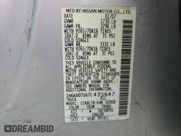 2007 Nissan Frontier SE with VIN 1N6AD07UX7C435647, listed as a Copart auction lot 59967955 with 153,902 mi miles and Salvage title. Bid and sale history available at DreamBid. Image 12.