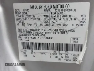 2012 Ford F-250 XL with VIN 1FT7X2BT1CEC56751, listed as a IAAI auction lot 42689769 with 272,566 mi miles and . Bid and sale history available at DreamBid. Image 9.