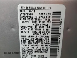 2011 Nissan Murano SV z VIN JN8AZ1MWXBW179621, wystawiony jako Copart lot #51693005 z przebiegiem 60 782 mil mil oraz Szkoda całkowita • Salvage title. Historia ofert i sprzedaży dostępna na DreamBid. Obrazek 13.
