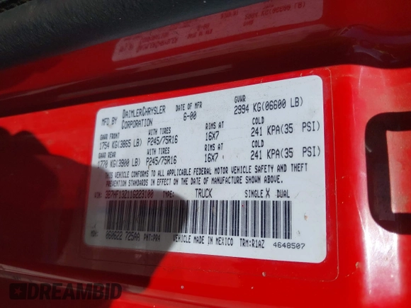 2001 Dodge 1500 z VIN 3B7HF13Z11G223100, wystawiony jako IAAI lot #42350126 z przebiegiem 225 560 mil mil oraz . Historia ofert i sprzedaży dostępna na DreamBid. Obrazek 9.