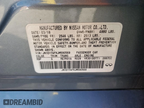 2018 Infiniti Q50 Luxe with VIN JN1EV7APXJM590569, listed as a Copart auction lot 55643215 with 86,965 mi miles and Salvage title. Bid and sale history available at DreamBid. Image 12.