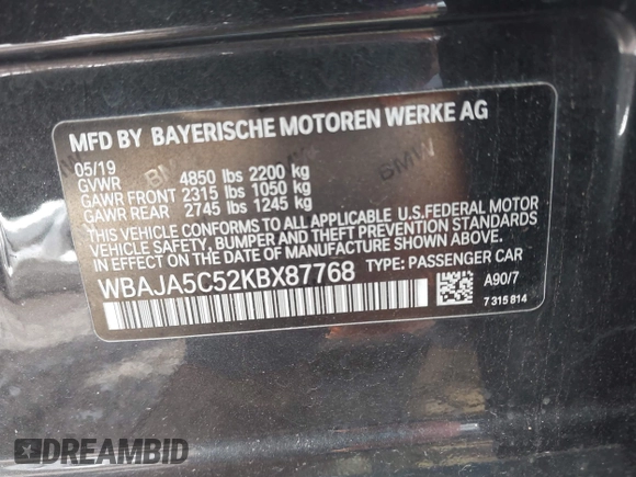 2019 BMW 5 Series 530i z VIN WBAJA5C52KBX87768, wystawiony jako IAAI lot #42029678 z przebiegiem 102 448 mil mil oraz . Historia ofert i sprzedaży dostępna na DreamBid. Obrazek 9.